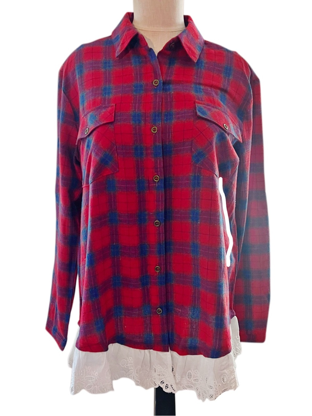JODIFL Red and Blue Plaid Flannel Button-Down Shirt with Lace Trim Sz S